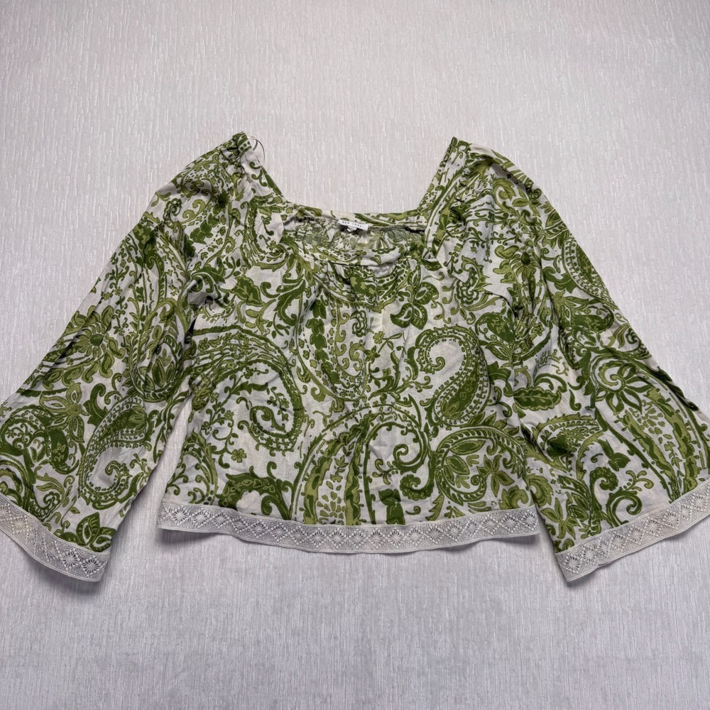 Nicole Miller Linen Blend Peasant Top Women Large Green White Paisley Lace Trim